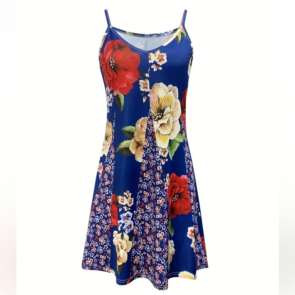 Floral Spaghetti Strap Blue Dress, Multicolor